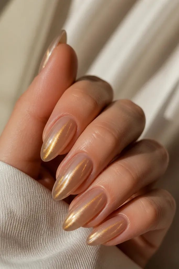 Long almond nails with a clear base and a gold cat-eye overlay. The cat-eye creates a vertical glowing streak down the center of each nail. The gold looks metallic and directional, with a glassy finish and clean cuticles.