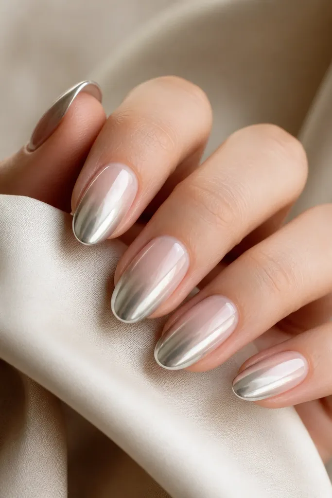 Medium oval nails with a silver chrome ombré. The cuticle area is softer and more translucent, fading into a full mirror silver at the tips. The gradient is smooth with no harsh lines.