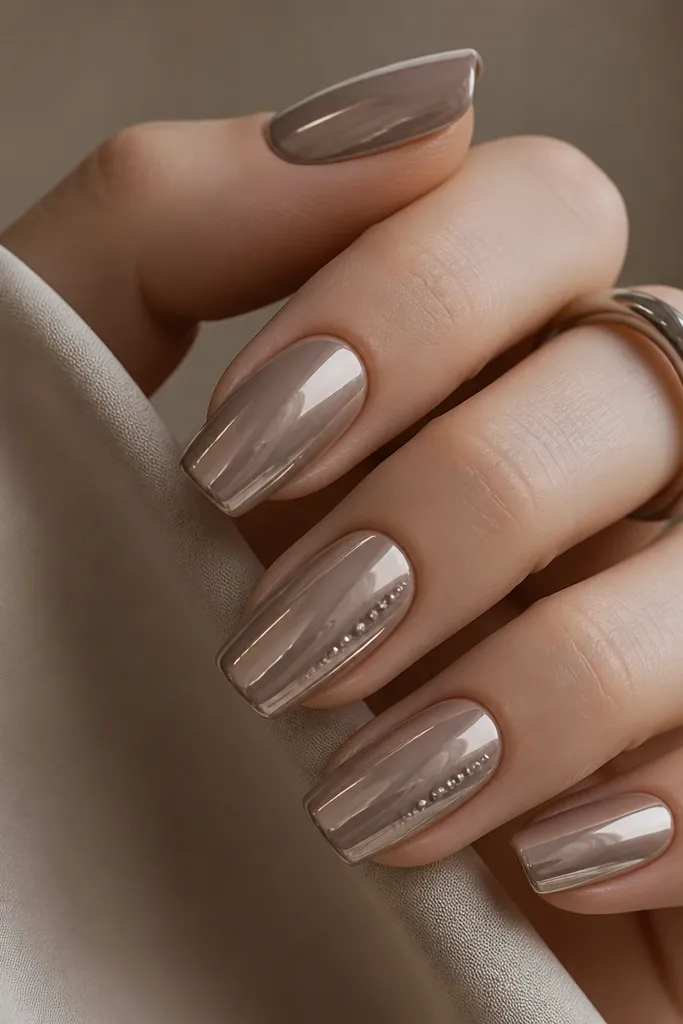 Taupe metallic chrome nails with a soft warm-gray mirror finish. Along the side of two nails, there are tiny micro pearl dots arranged in a short vertical line. The dots are glossy and sit flat with the chrome.