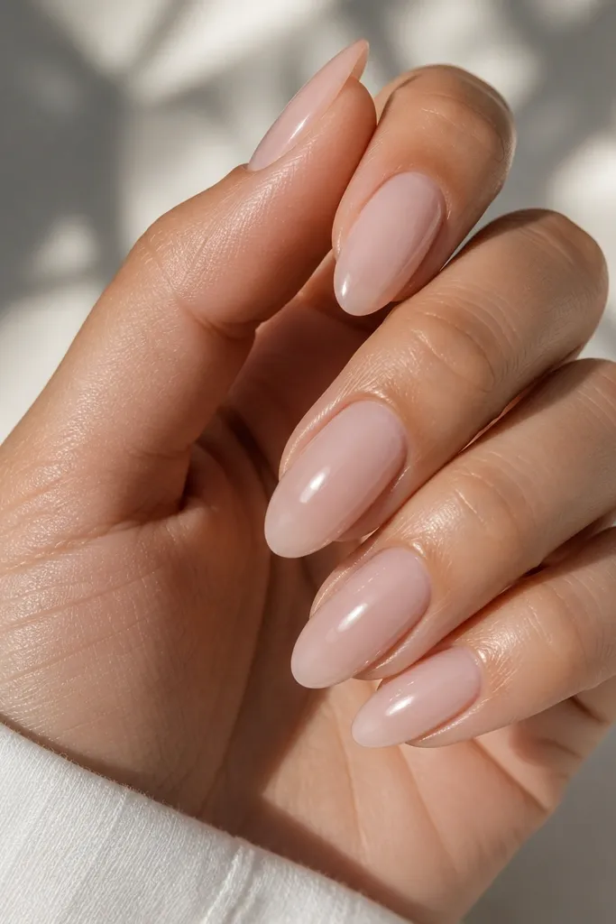 A hand with almond-shaped nails in a milky nude pink. The nails are glossy like glass, with a smooth cuticle line and no visible ridges. Light reflections show a clean, even top coat.