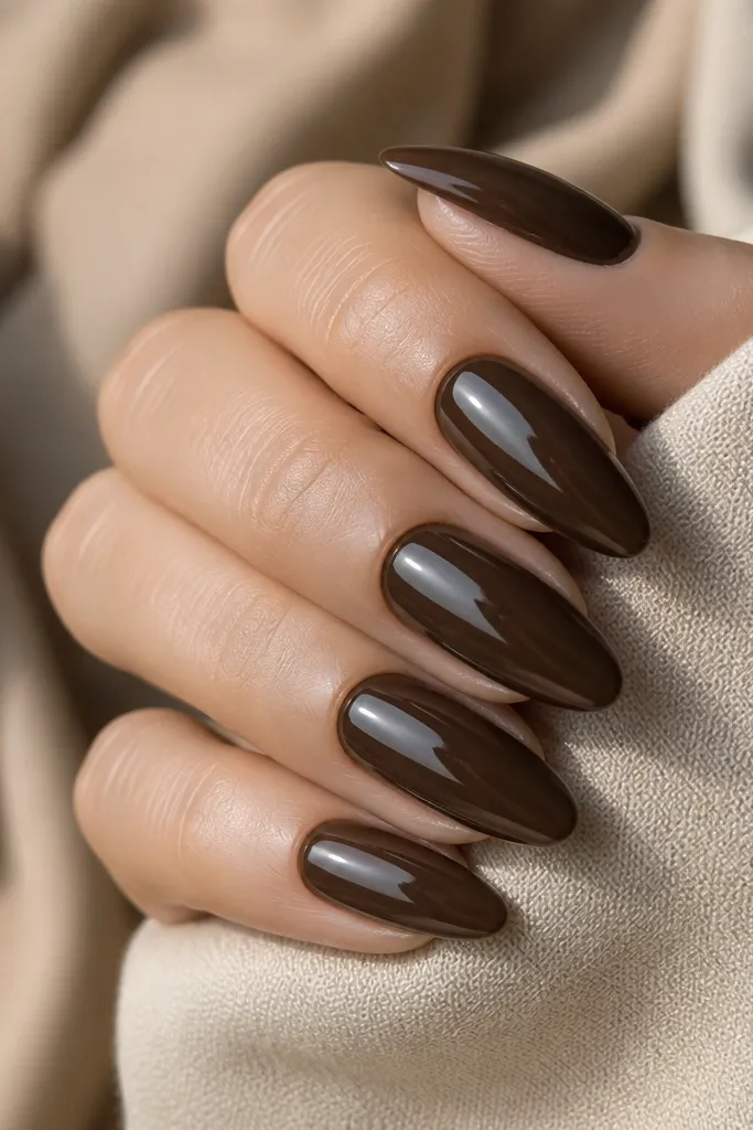 Almond nails in a chocolate brown that looks smooth and glossy. The color is uniform with a clean cuticle edge. Reflections on the nails show a glass-like top coat.