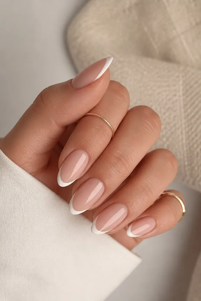 Almond nails with a nude base and a very thin white French tip. The smile line is crisp and slightly curved, not thick. The nails are glossy with a clean cuticle line.