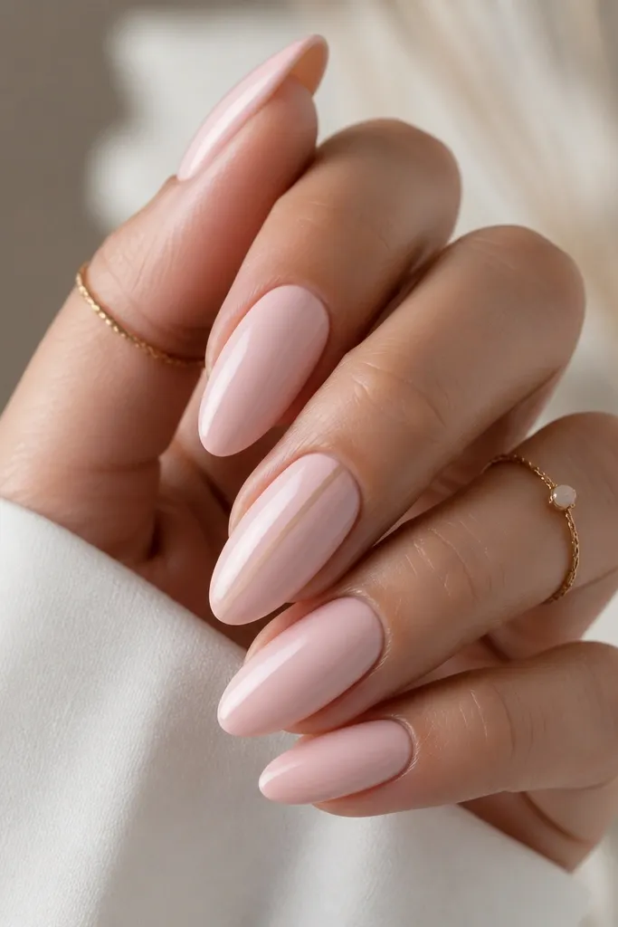 Almond nails painted in a soft blush pink. One nail has a single thin nude stripe running vertically near the center. The stripe is crisp and the nails are glossy.