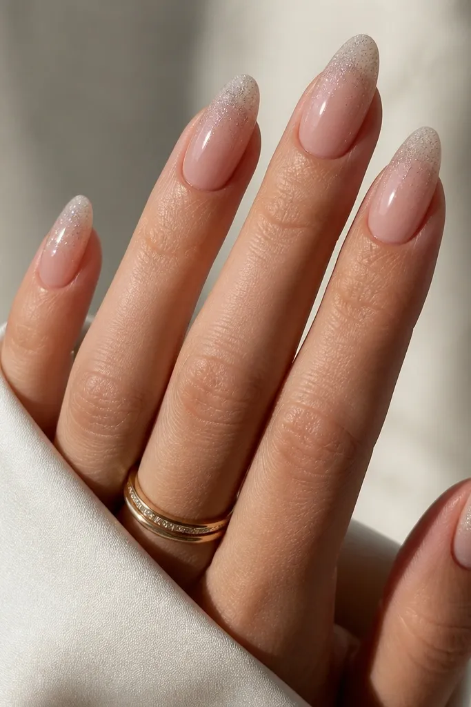 Almond nails with a clear nude base. The free edge has a frosted micro-glitter gradient that fades into the nude. The nails are glossy, and the glitter is fine, not chunky.