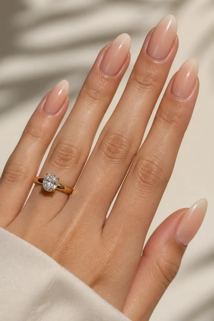 Almond nails with a nude gradient that starts slightly deeper near the cuticle and fades lighter toward the tip. The finish is glossy and smooth, with no harsh line where the gradient ends.