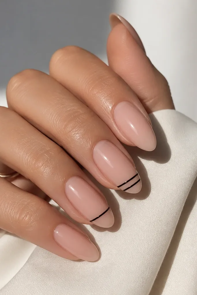 Almond nails with a sheer nude base. Thin black lines run horizontally across one or two nails, like a minimalist graphic detail. The lines are crisp and the nails are glossy.