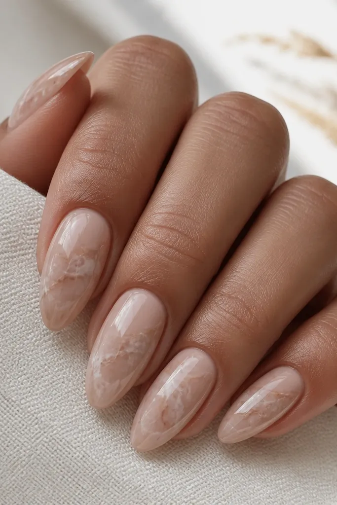 Almond nails with a nude base and subtle marble effect. Thin, wispy white and taupe veins branch through the nude, mostly concentrated toward the center. The finish is glossy and smooth.