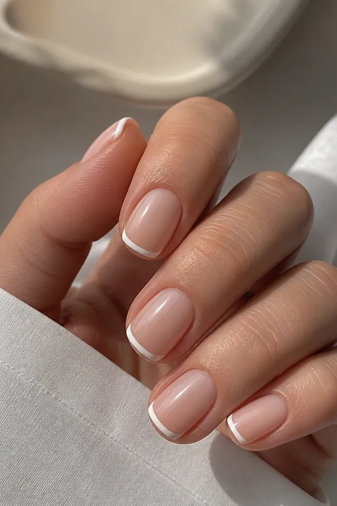Short squoval nails with a sheer nude base. The tips have a super thin white French line, centered and crisp. Everything is glossy, with clean cuticles and no extra decorations.