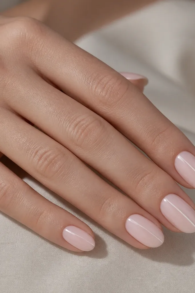 Short almond nails painted in milky pink. A single thin line runs down the center of each nail from near the cuticle to the tip, glossy and perfectly straight.
