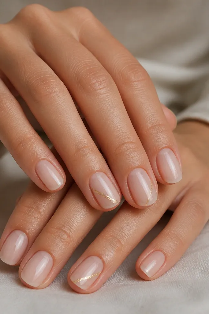 Short squoval nails with a sheer nude base. One nail on each hand has a diagonal micro accent in soft champagne gold, placed near the tip and angled toward the center.