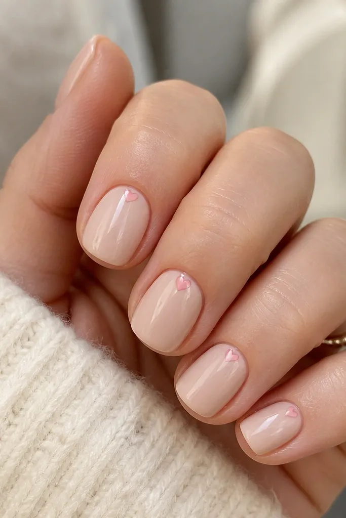 Short rounded-squoval nails in creamy nude. Each nail has a tiny heart detail sitting right at the cuticle line, painted in soft blush pink. Glossy finish.