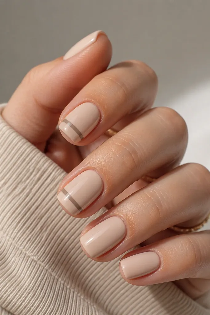 Short squoval nails in nude beige. A single glossy taupe stripe runs horizontally near the tip on two nails, while the rest stay plain and glossy.