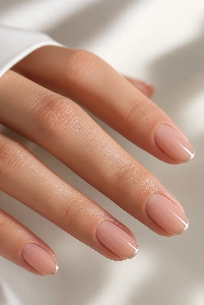Short almond nails with a sheer nude base. On each nail, there's a barely visible silver metallic line just at the very edge of the tip. Very glossy, no other art.