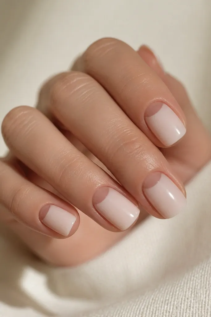 Short squoval nails with a milky nude. The cuticle area is left clear in a clean half-moon shape, outlined by the nude gel. Glossy finish, no extra decoration.