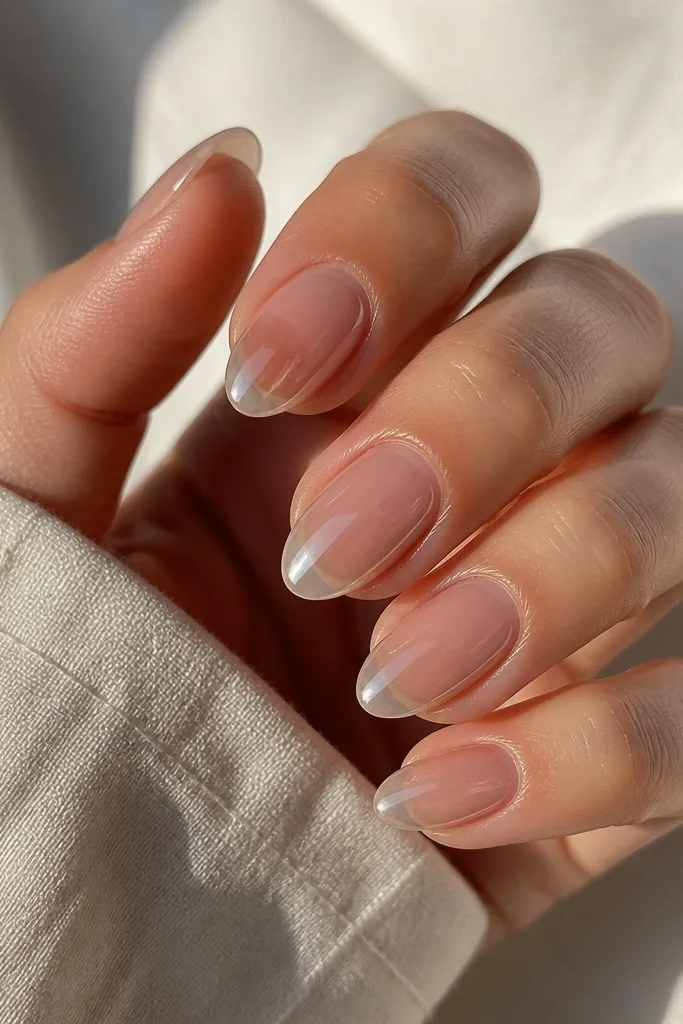 Short almond nails with a nude underlayer visible through a clear jelly top coat. The nails look glossy and glass-like, with no lines or stickers, just depth.