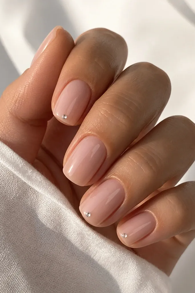 Short squoval nails in bare nude. On two nails, there's a single tiny clear rhinestone placed near the tip center. Everything is glossy and clean with no other gems.