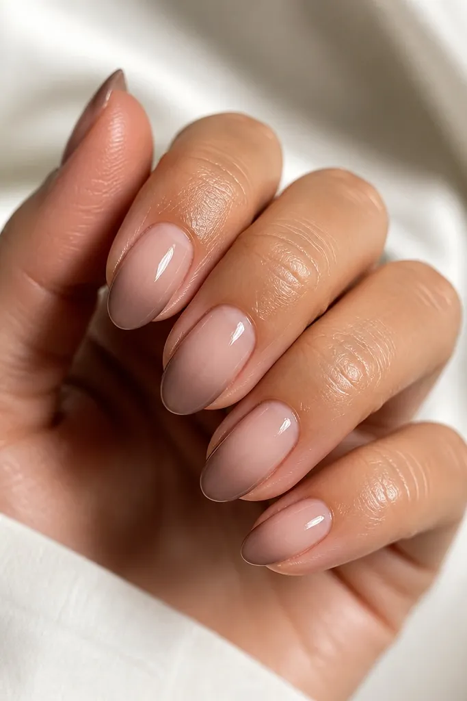 Short almond nails with a sheer nude base. The tips fade into a soft taupe ombré that starts very low and stays subtle. Glossy finish.