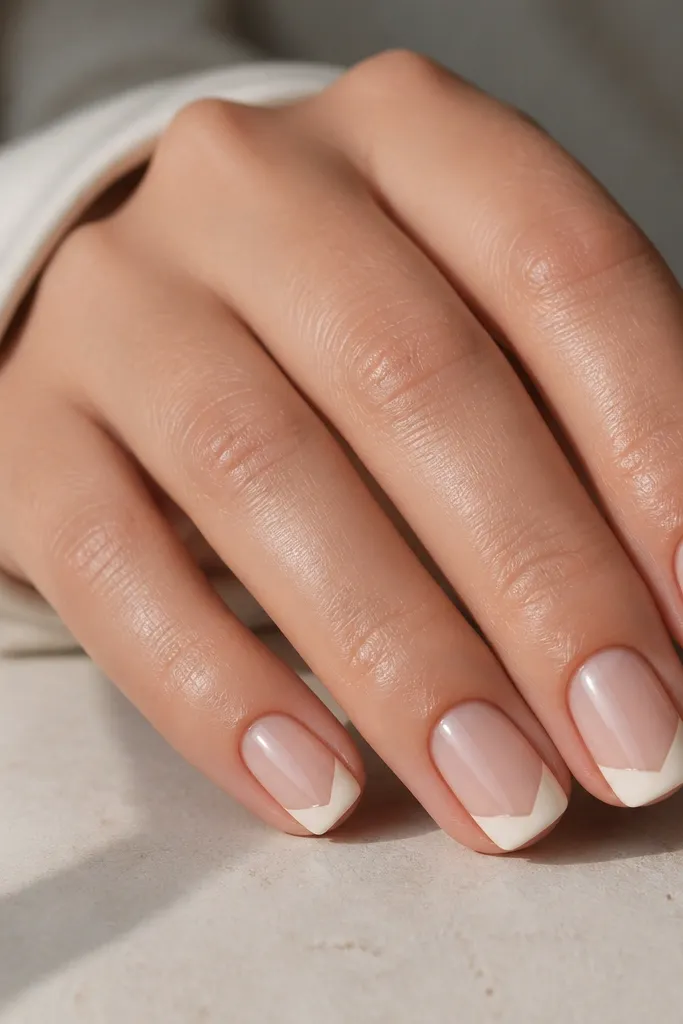 Short squoval nails with a sheer nude base. A cream French tip creates a soft curve, while a sharp V shape of negative space sits at the cuticle center. Glossy and minimal.