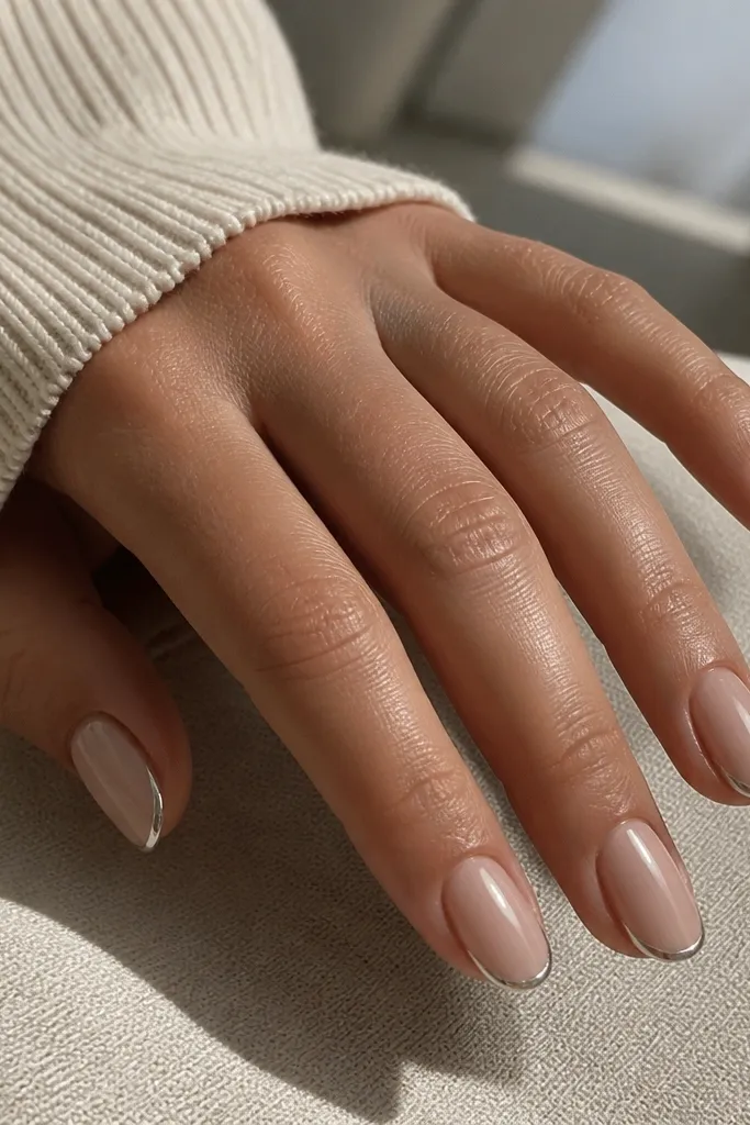 Short almond nails in nude beige. Each nail has a thin chrome halo line around the edge of the tip, like a faint ring. The rest is plain and glossy.