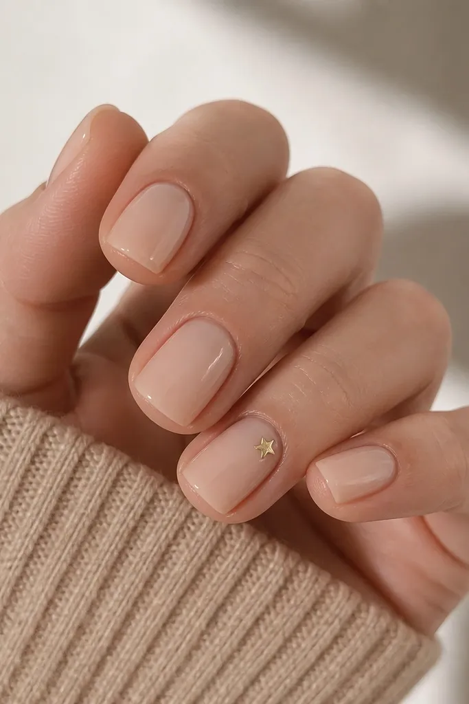 Short squoval nails in sheer nude. One accent nail has a tiny five-point star near the cuticle, painted in pale gold. Others are plain glossy nude.