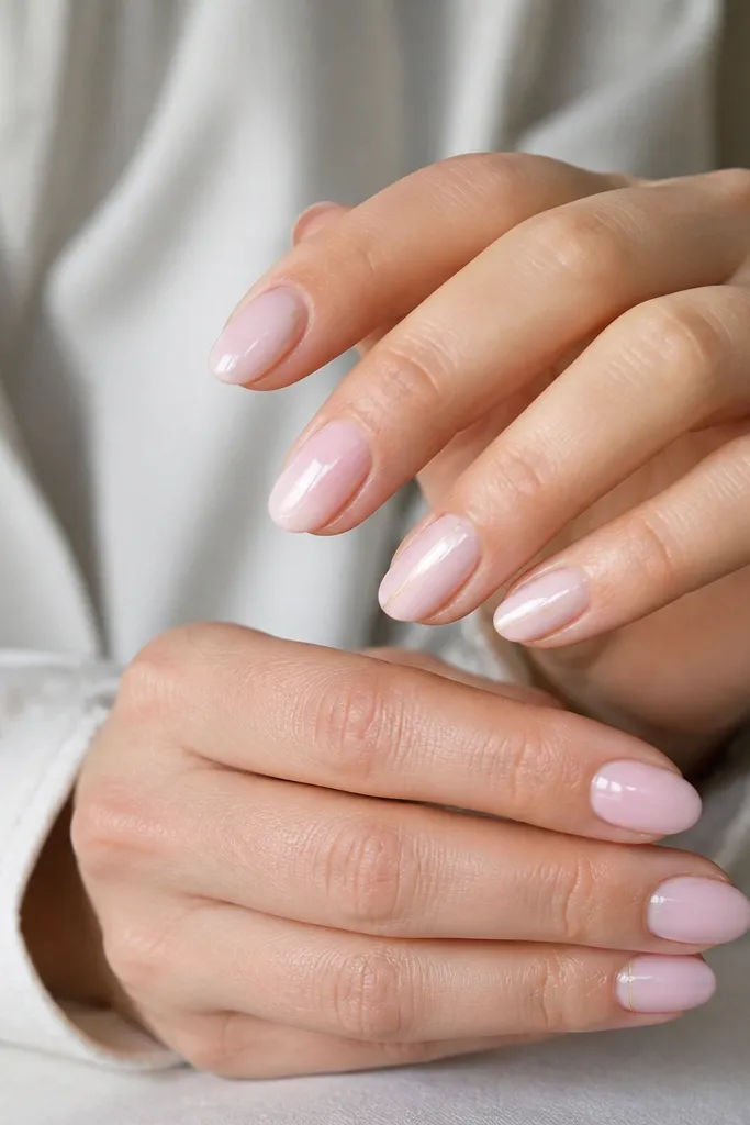 Short almond nails in milky pink. Only one nail per hand has a single micro line running along one sidewall from mid-nail to near the tip. Glossy finish.