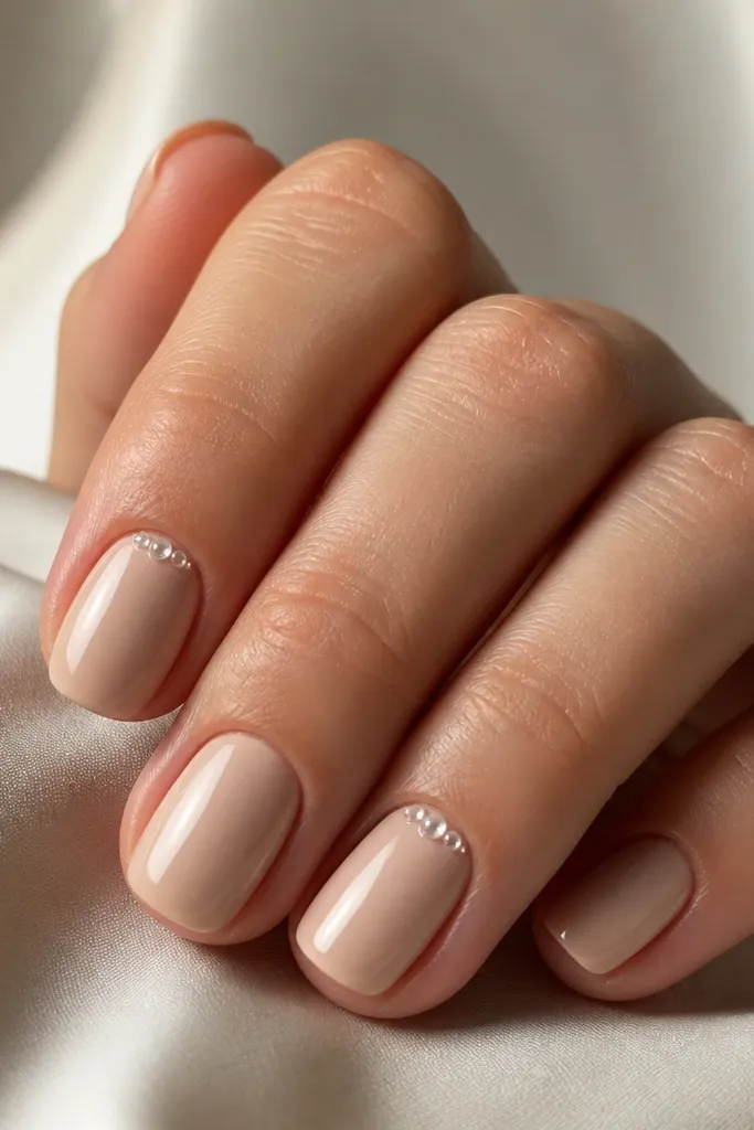 Short squoval nails in nude beige. Two nails have a tiny beaded row of three small clear gel dots right along the cuticle curve. Glossy finish, the rest are plain nude.