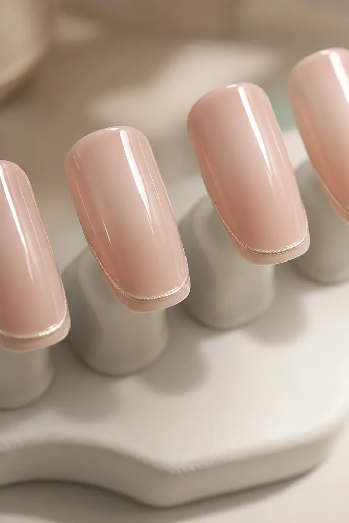 Five square nails on a light-skinned hand: a creamy butter nude base with a thin, pearly line right at the cuticle area. The shine is glassy and the cuticle line is crisp, slightly brighter than the nude.