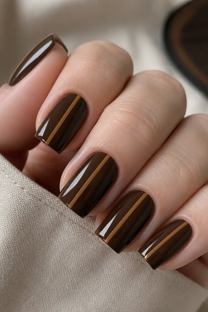 Square nails painted deep chocolate brown, mirror-gloss shine. On each nail there is a single skinny stripe down the center in a lighter caramel-brown, perfectly straight and centered from cuticle to tip.