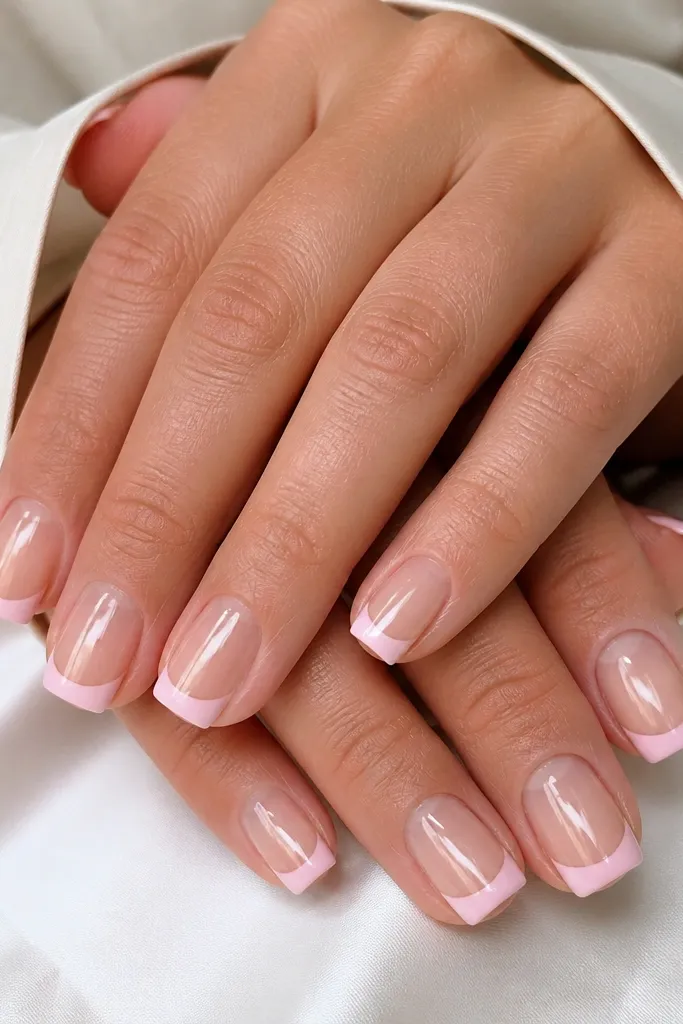 Square nails with a clear or nude-transparent base. The French tips are icy pink, forming a clean curved smile line, and the rest of the nail looks glossy and see-through.