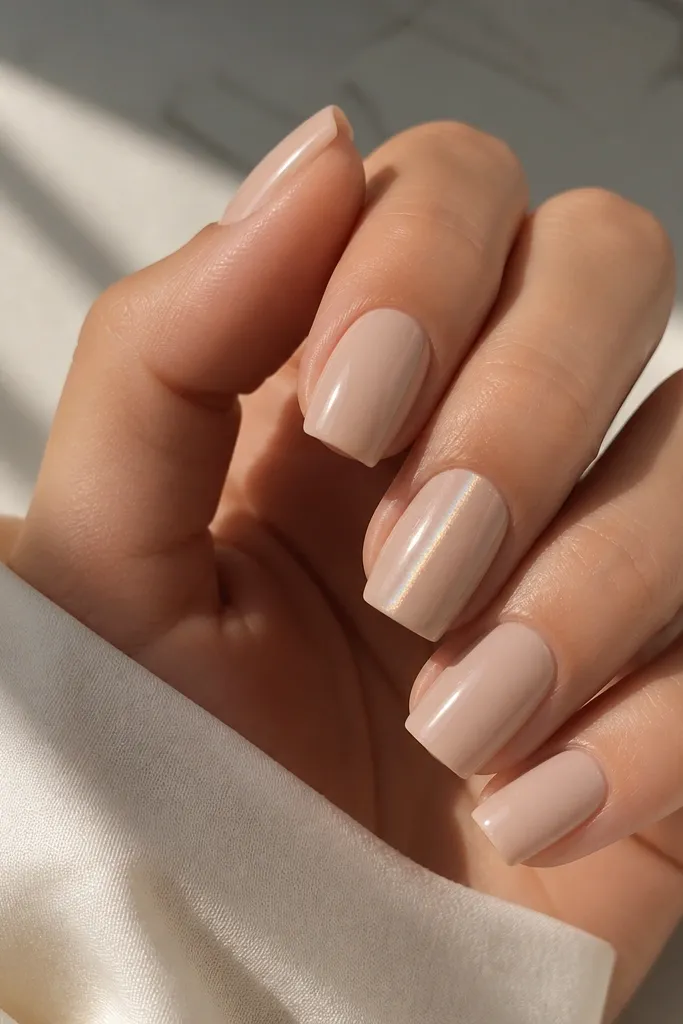 Creamy nude square nails with a high-shine finish. One accent nail has a subtle chrome cat-eye effect - a thin glowing line that shifts from silver to pale gold as the hand moves.