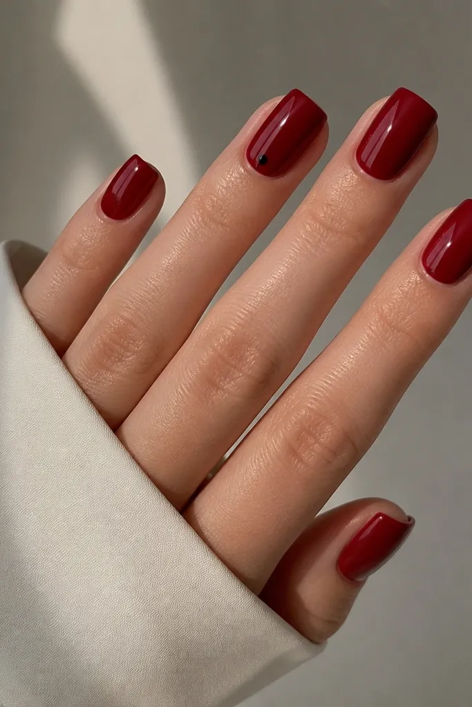 Deep red square nails with a velvety glossy look. On the ring finger there is a tiny black micro dot near the cuticle, perfectly round and centered.