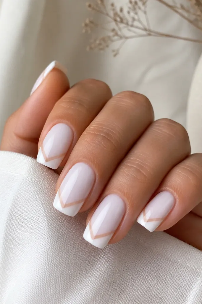 Milky white square nails with a glossy finish. Each nail has a thin nude V shape near the tip, meeting at the center like a small chevron.