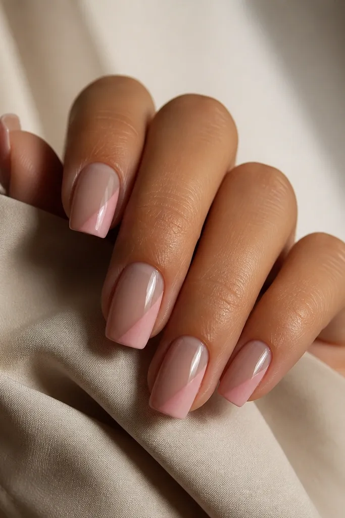 Taupe nude square nails with a glossy shine. On each nail, a blush pink fade is swept diagonally from the outer edge toward the center, leaving the base visible underneath.