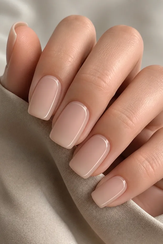 Matte nude square nails with a soft, velvety finish. On each nail, there is a thin glossy outline line tracing part of the nail shape, creating contrast against the matte background.