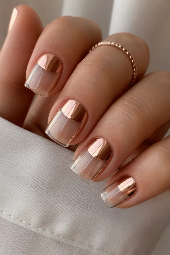 Square nails where the base is clear. The lower half near the cuticle has a rose-gold chrome half-moon shape, leaving a clean negative space band in the middle. The chrome has a smooth, mirror shine.