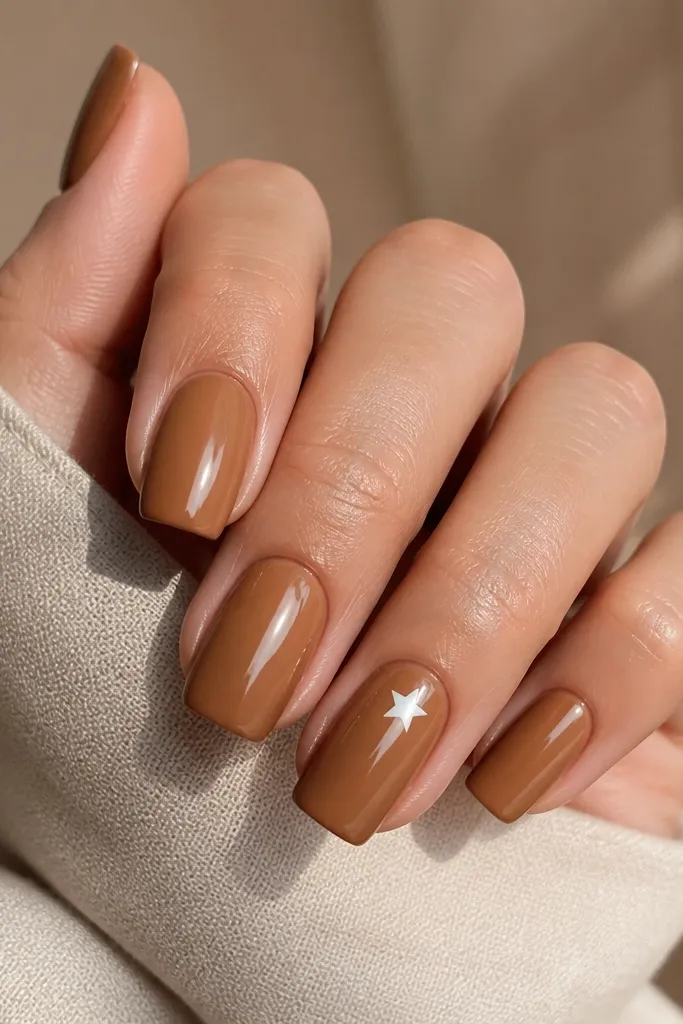 Caramel brown square nails with a glazed, high-shine top coat. On one accent nail there is a small white star near the cuticle, crisp and centered, with no other decoration.