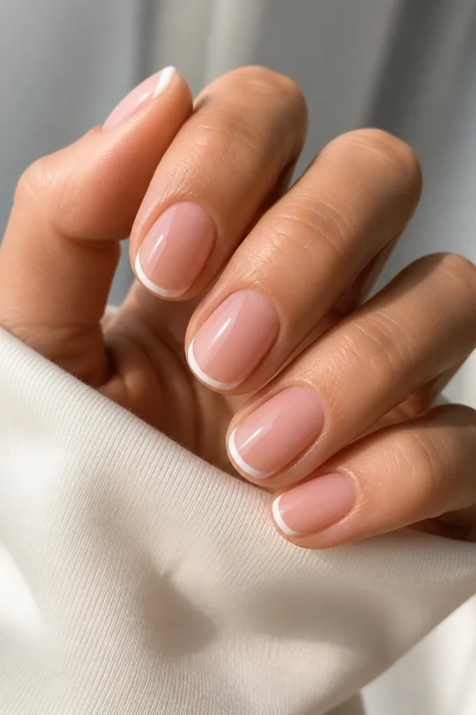 A set of short oval nails with a sheer pink base. The French tips are extremely thin, pure white, with a smooth smile line that curves evenly across each nail. The finish is high-gloss with no extra gems.