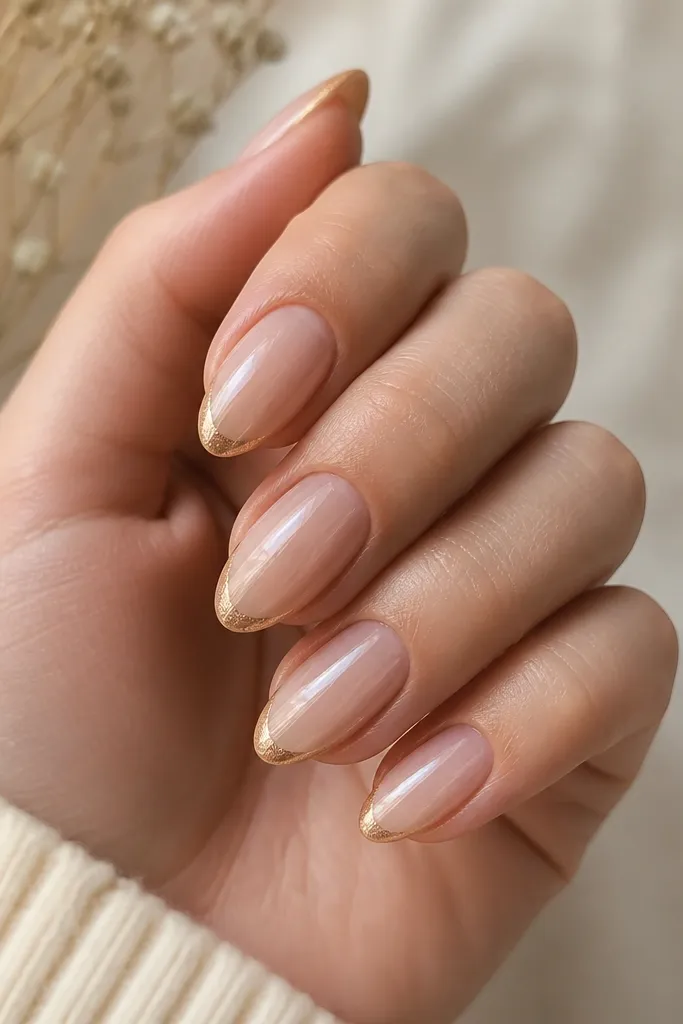 Medium almond nails with a translucent milky nude base. The French tips are a warm champagne-gold line with a subtle shimmer. The cuticle area is clean and the nails have a glossy gel shine.