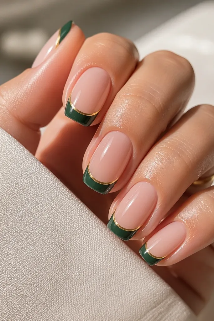 Short squoval nails with a sheer nude base. The French tips are deep forest green, and there's a thin gold stripe running just inside the smile line. Everything is glossy and clean with no rhinestones.