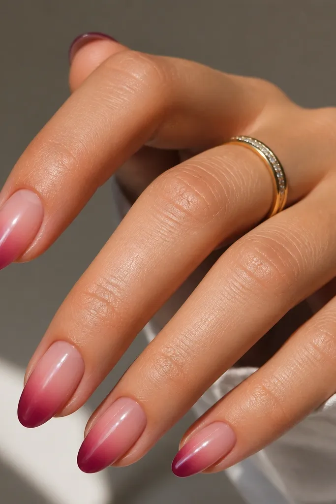 Medium almond nails with a sheer pink base. The tips fade from a deep berry at the edge into a lighter berry tint closer to the nail bed, with a soft gradient that still keeps a French shape. High shine finish.