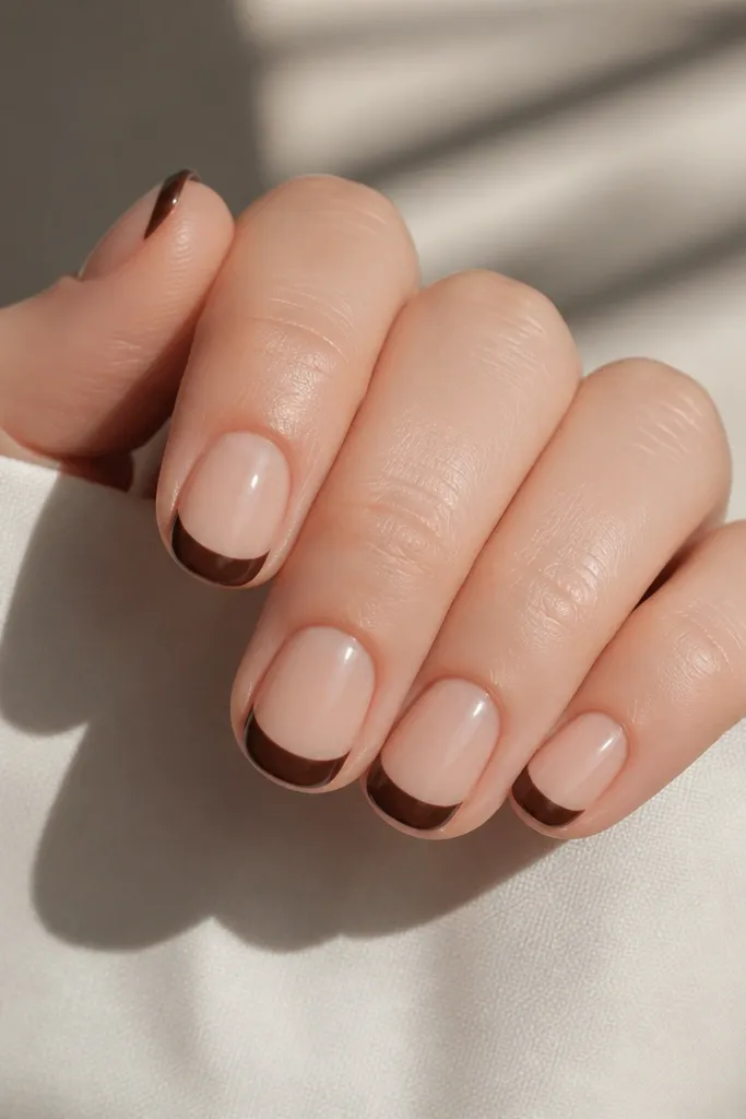 Short rounded nails with a shiny glossy nude base. The French tips are espresso brown, opaque and smooth, with a crisp smile line. No decorations, just clean shine.