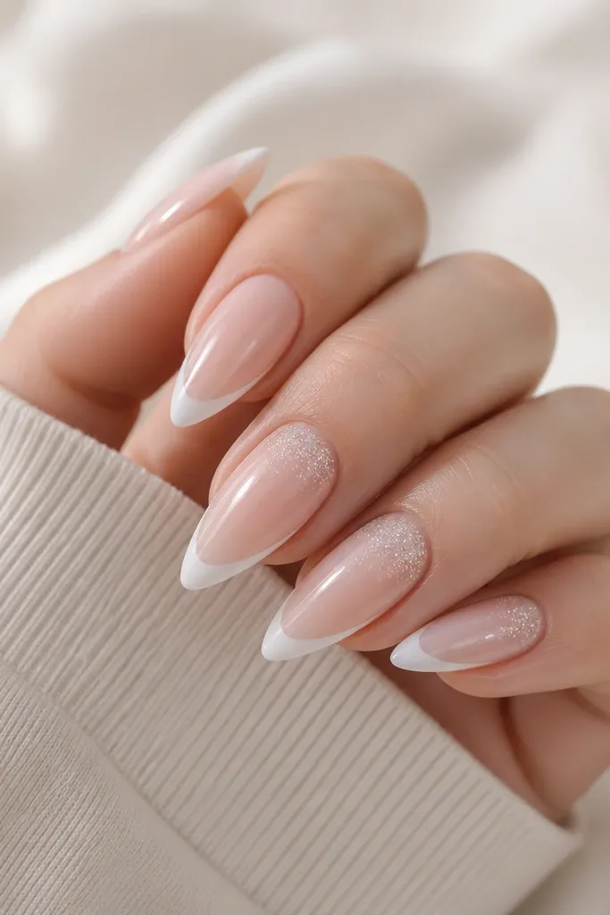 Medium stiletto nails with a sheer nude base and icy white French tips. On two accent nails, there's a faint layer of fine crystal dust near the cuticle that fades down. The rest of the nails are plain and glossy.