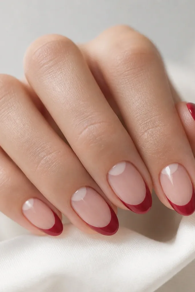 Short almond nails with a sheer nude base. The tips are red currant, and there's a clean negative space half-moon at the cuticle where no color is applied. The set is glossy and crisp.