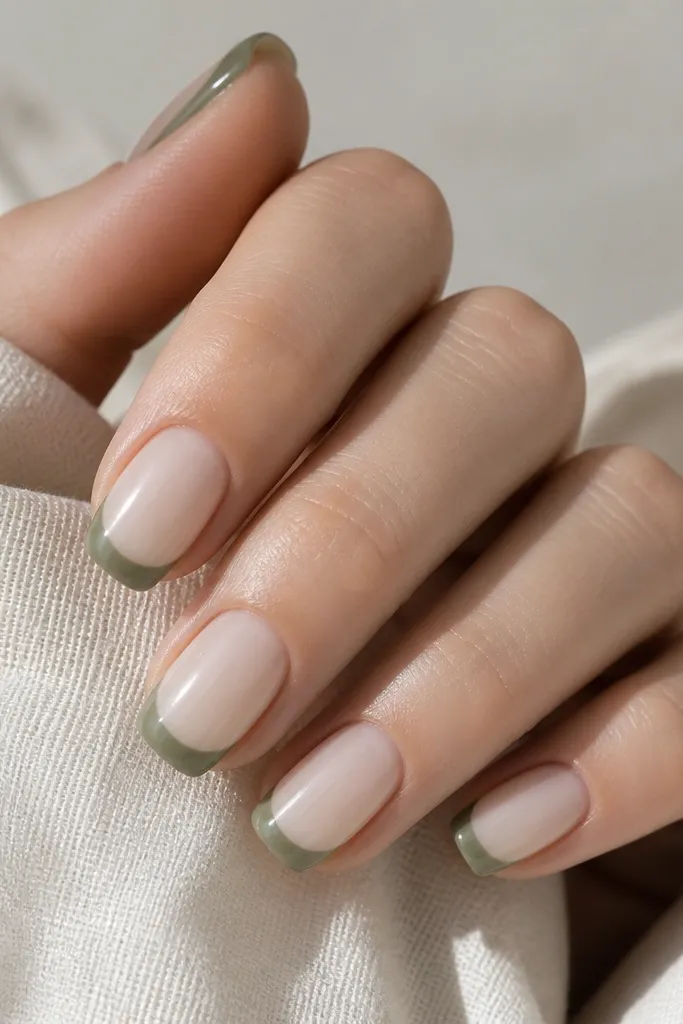 Medium squoval nails. The base is sheer milky nude. The French tips are sage green, and there's a thin transparent outline line around the outer edge of the green tip. Glossy finish.
