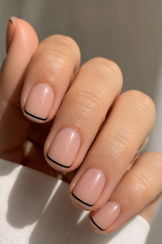Short square nails with a sheer nude base. The tips are mostly clear, with a thin black line running along the outer smile edge like a border. The center of the tip stays translucent. Glossy finish.