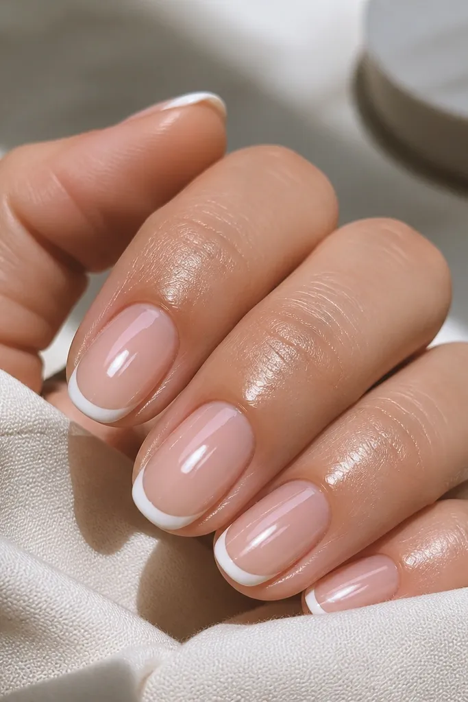 Short to medium nails with a sheer nude base. The French tips are bright white but thin, and the whole set has an extra glossy, jelly-like topcoat that makes it look glassy. No gems.