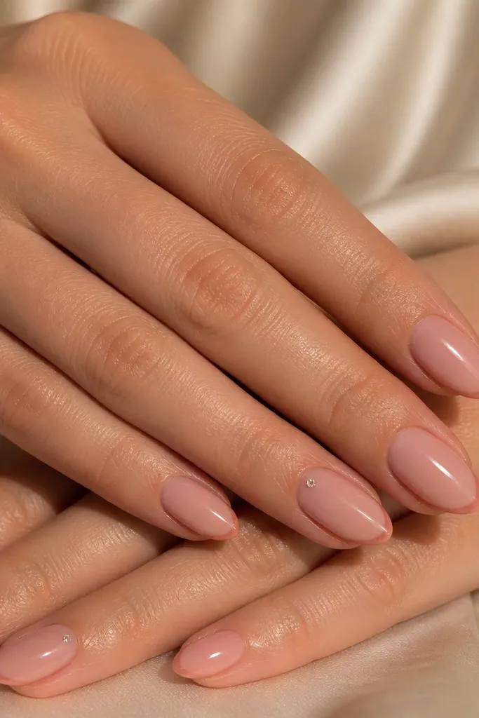 Short almond nails with a rose nude base. The French tips are rose nude a shade darker, and there is a single tiny rhinestone placed at the outer corner of one or two nails. Everything is glossy.