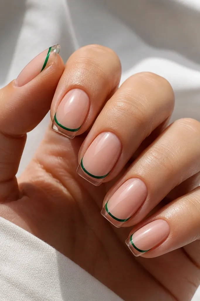 Medium square nails with a sheer nude base. The tips are mostly clear, with an emerald green outline along the outer curve of the smile line. The nails have a glossy top coat.