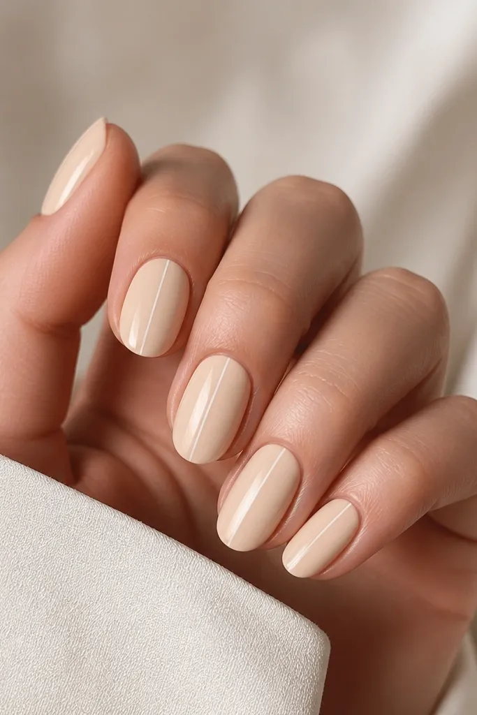 Short almond nails painted a warm butter-cream nude. A very thin white line runs straight down the center only, starting near the cuticle and ending at the tip. The rest of the nail is solid nude with a glossy, glassy top coat.