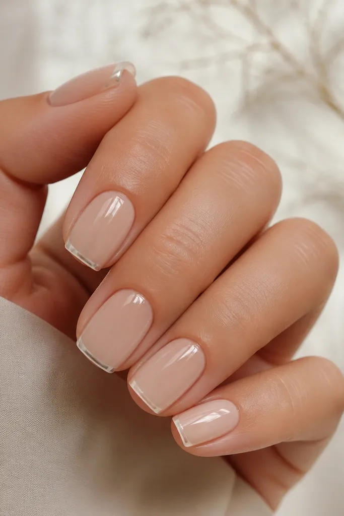 Short soft square nails. The base is iced latte beige that fades lighter toward the tip. The very edge has a clear, glossy jelly look like a transparent cap, with a smooth ombre transition and high shine.
